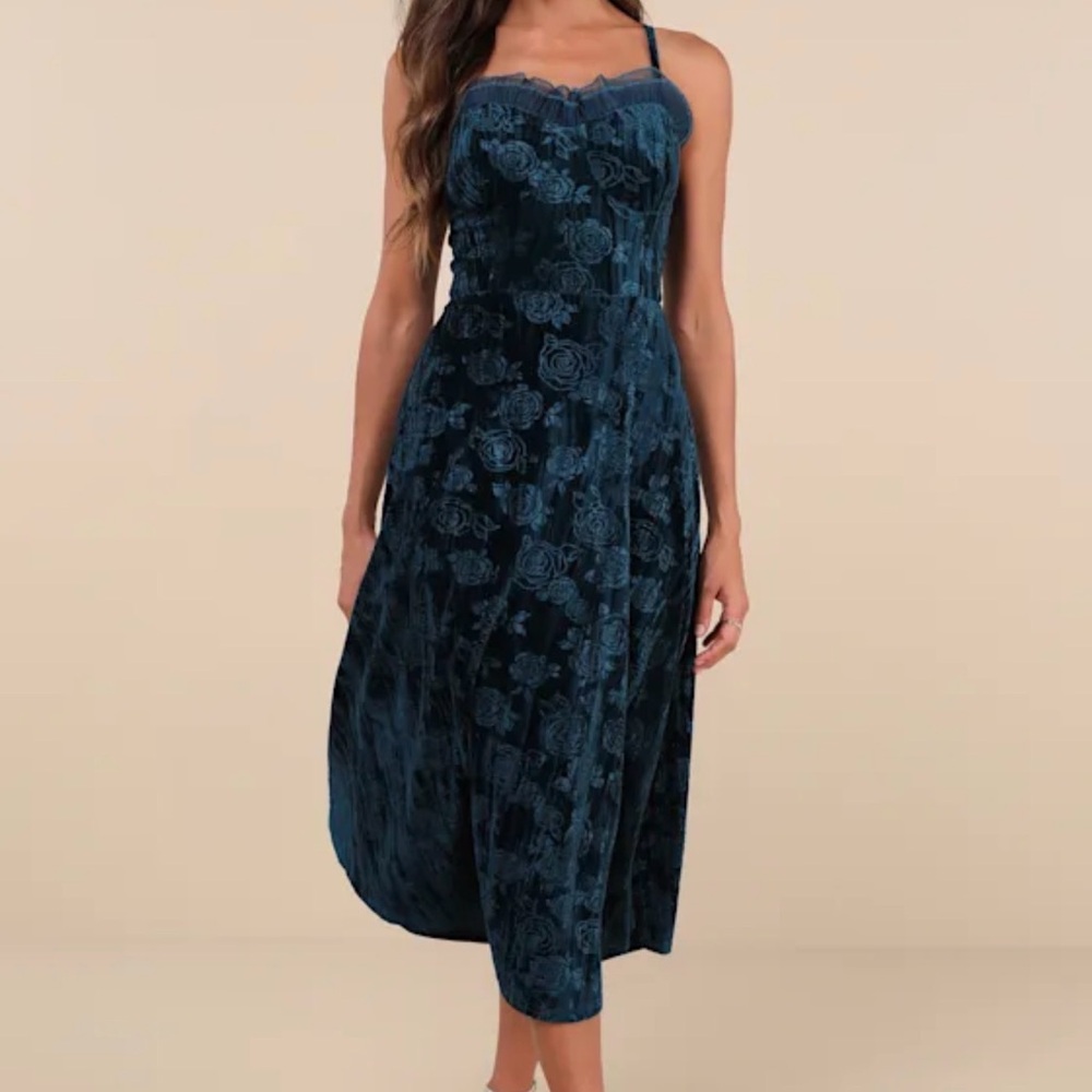 Lulu's Teal Blue Floral Velvet Midi Dress